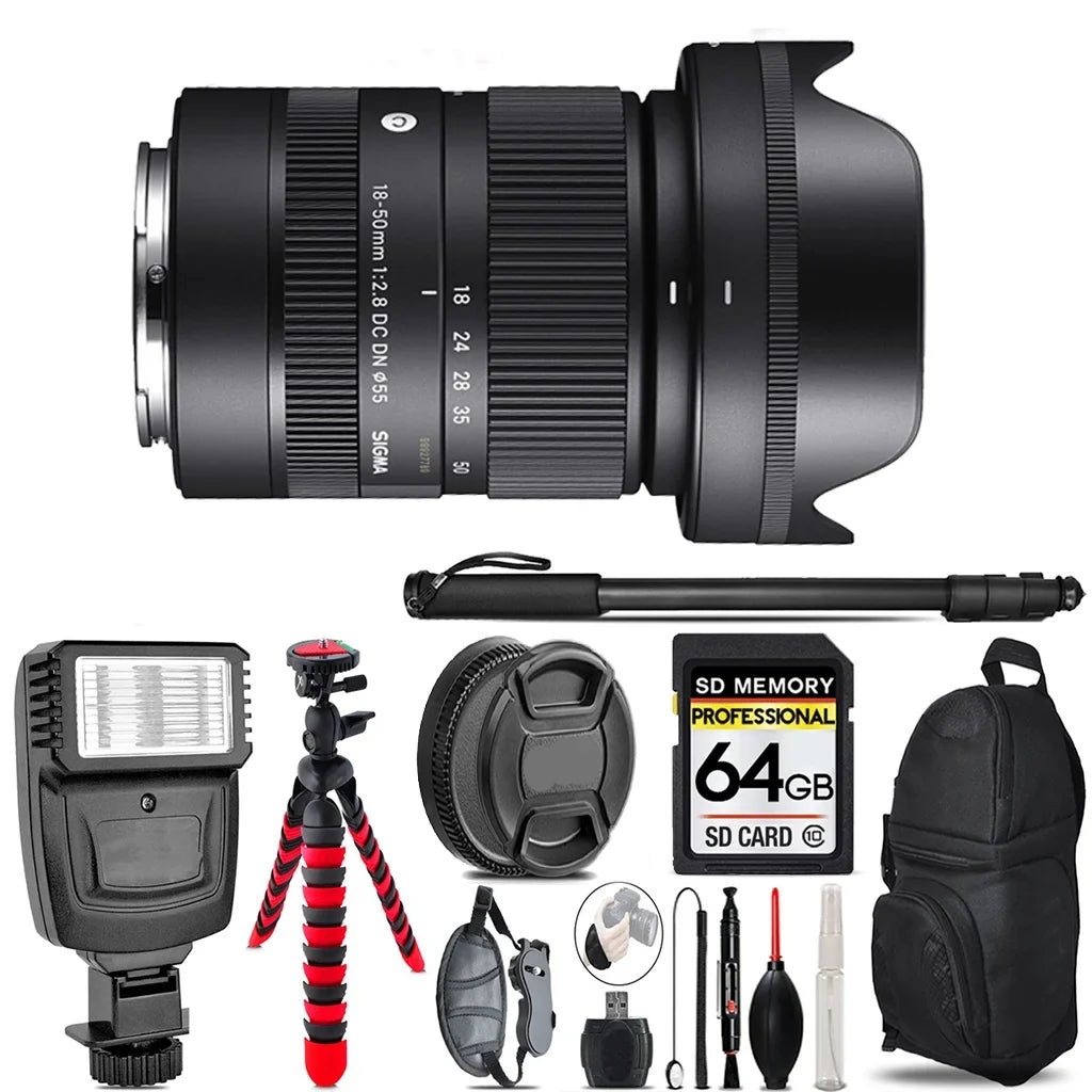 DC Accessory f/2.8 Lens 18-50mm Sigma Flash DN - E - 64GB Contemporary for Video Bundle + Kit