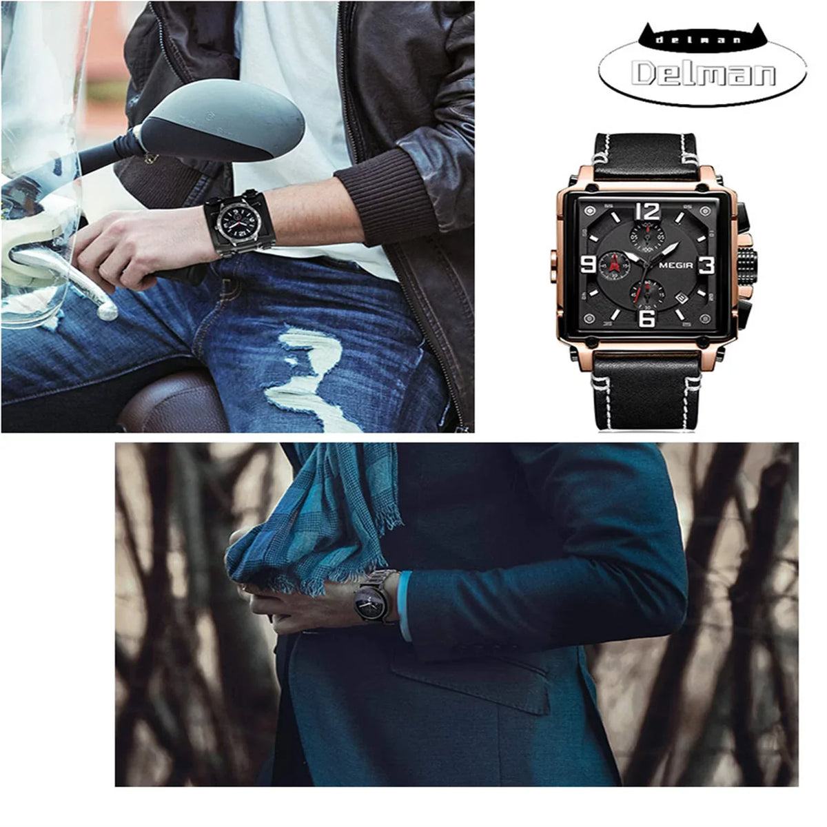 Men's Chronograph Casual Quartz Luxury Watch Man Strap for Watches Fashion Luminous Dial Wristwatch Square Waterproof Leather