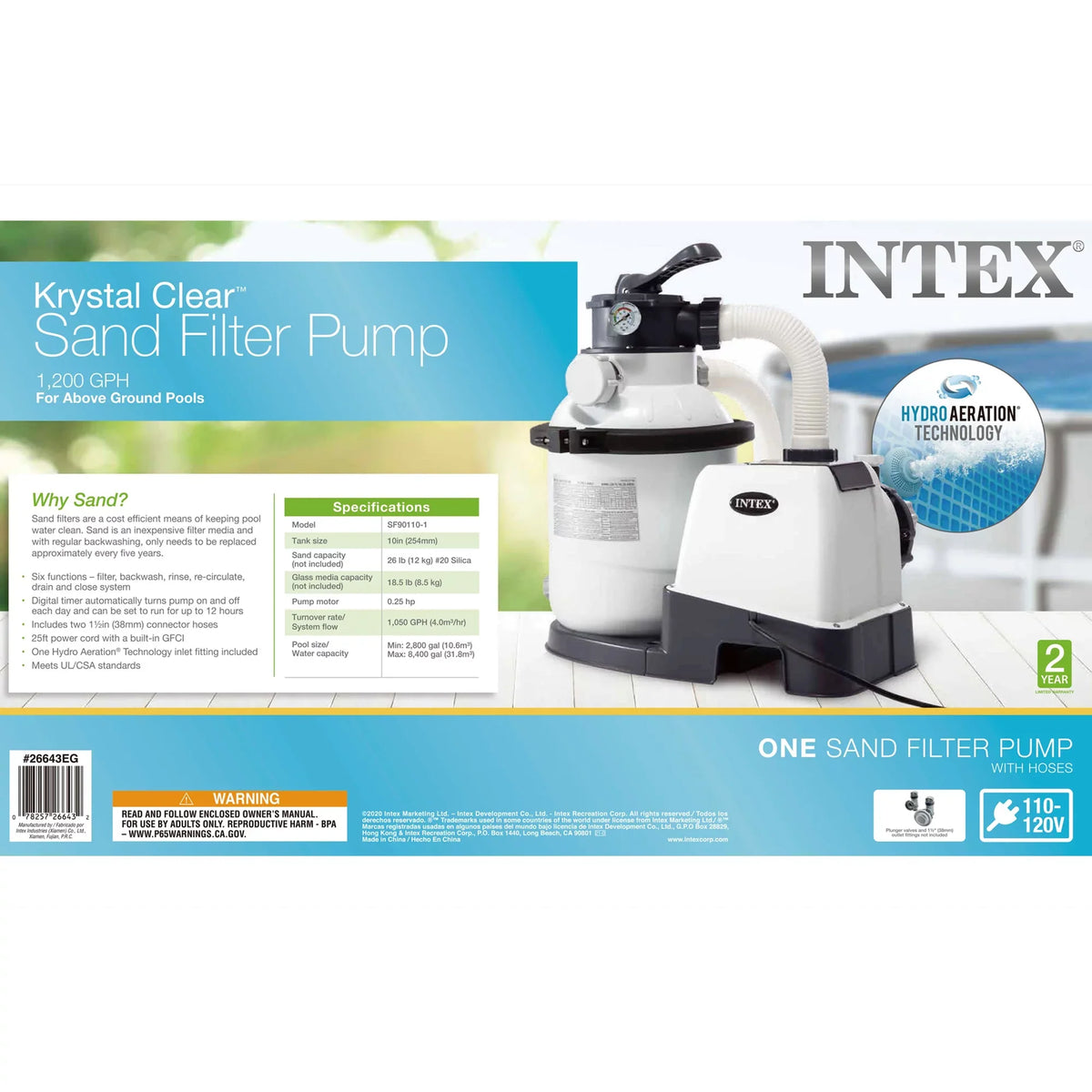 GFCI, 110-120 Rate Clear Motor Pool GPH Krystal Flow 1200 Gph System with Intex10 inch Pump, Sand 1500 V Filter