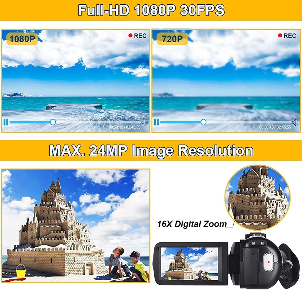 MP Vision IPS Camera Camera Camcorders Zoom Inch Remote Recorder Camera Camcorder 24.0 Vlogging Control Night Batteries 1080P Video 2 IR HD with Full 30FPS 16X 3.0 Screen