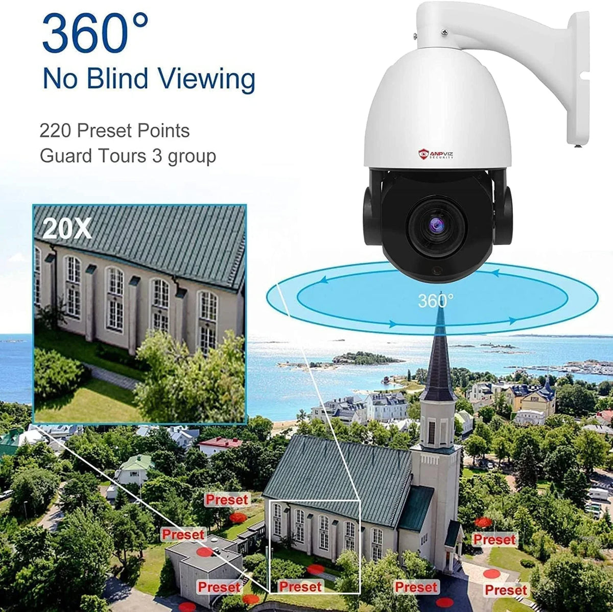 Detection, Pan PTZ with IP Mic/Audio, IP66 Vision, Zoom, Anpviz Security Optical Vehicle PTZ Person 360°/Tilt PoE 20X 5MP Indoor 90°, IR Waterproof IP Metal, Night exterior Camera Camera Surveillance