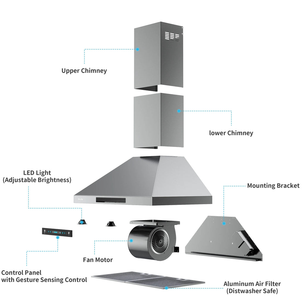 Dimmable Sensing lights(A02-36") Speed Gesture with HisoHu Hood 4 Steel Wall with Inch Mount CFM 36 780 Exhaust Hood Kitchen LED Duct, Hoods Vent Stainless Hood, Range Convertible Ducted/Ductless