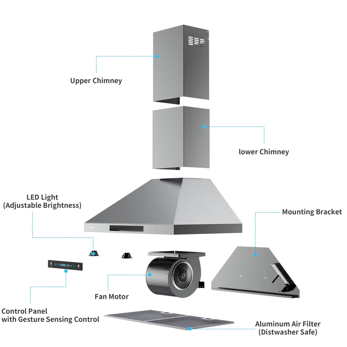 Dimmable Sensing lights(A02-36") Speed Gesture with HisoHu Hood 4 Steel Wall with Inch Mount CFM 36 780 Exhaust Hood Kitchen LED Duct, Hoods Vent Stainless Hood, Range Convertible Ducted/Ductless