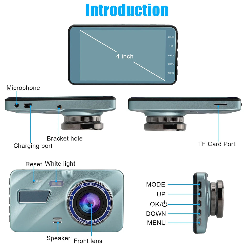 170° FHD Front Cam Camera - Screen LCD Blue) Wide Driving Touch Angle, Dash Rear Inch DVR 4 Recorder and 1080P (Sky Car G-Sensor,