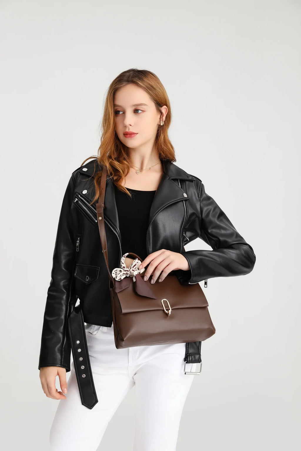 PU Scarf Silk Brown Flap women Handle Leather handbags crossbody ladies Shoulder Women's bag Bag hand square bags bags