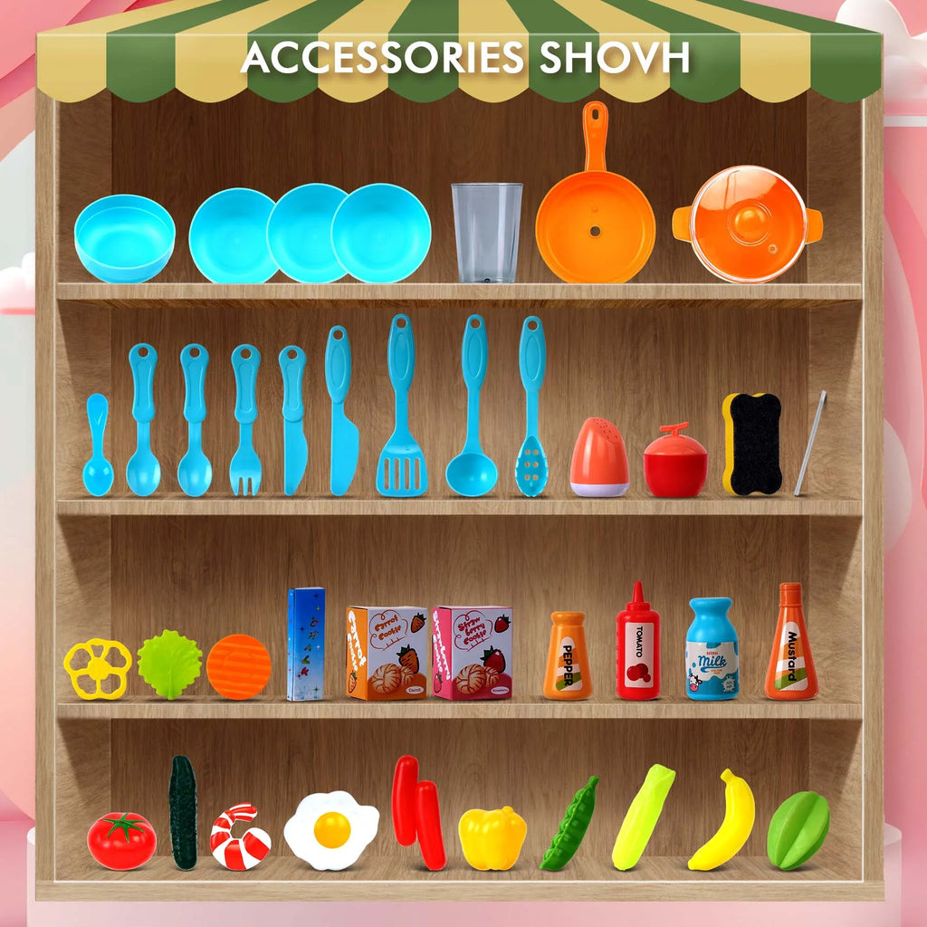 Toys Play for with 42-Pack Set Educational Toddler Sounds Kitchen Toddlers, for Real Food, Boys, Preschool Set Accessories Toy Pretend Kids Pink and Lights, Toys Kitchen Girls for