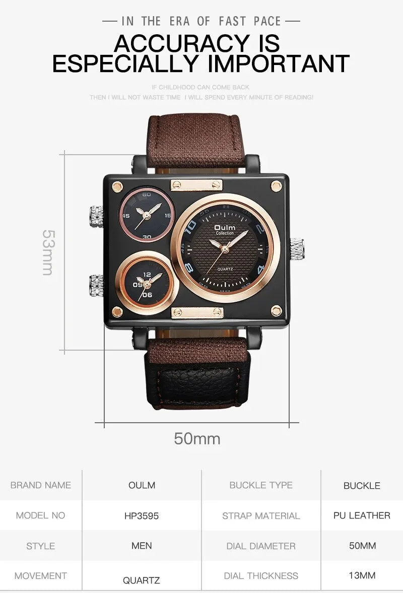Luxury Casual Watches 3 Brand Watch design Zone Men Quartz Fashion Men's Square Face Watches Blue Time Unique Big New Designer