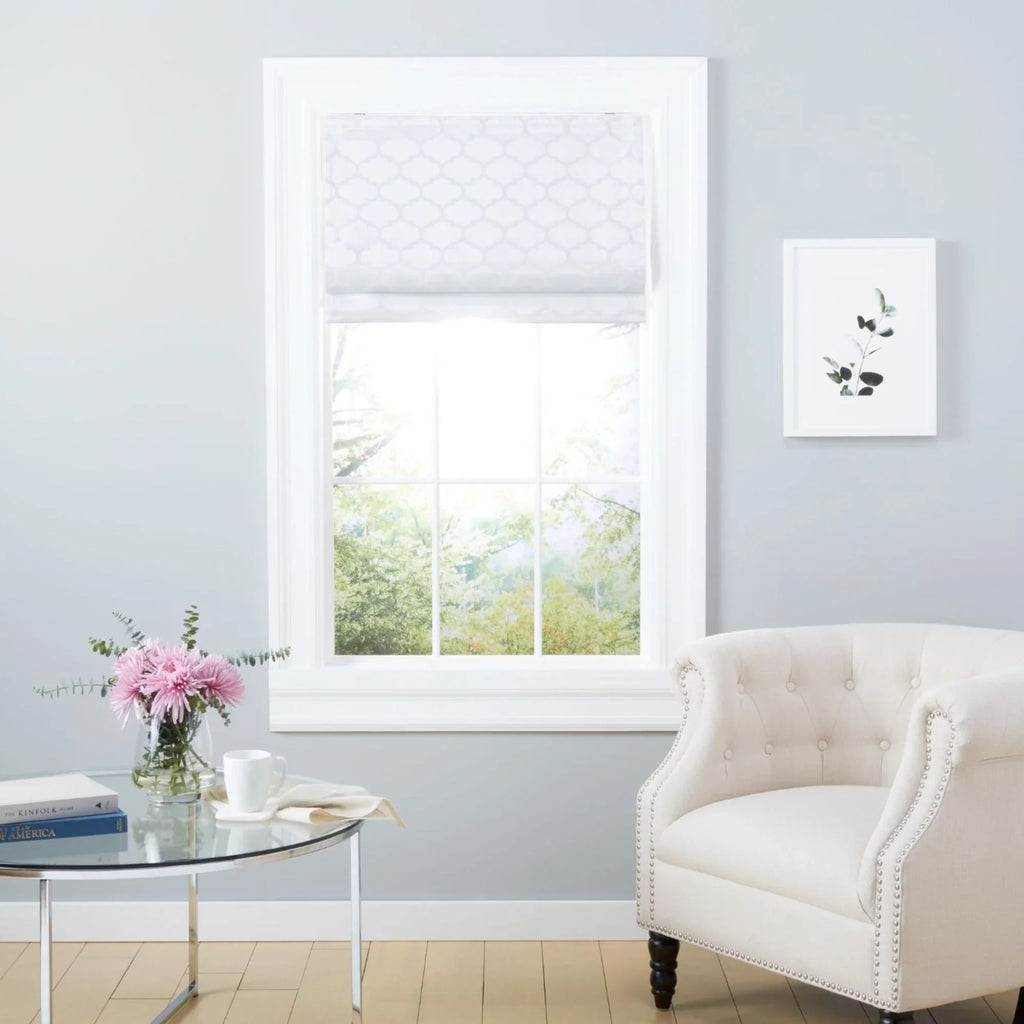 31"x64", Trellis White Total Exclusive Home Roman Blackout Montague Shade,