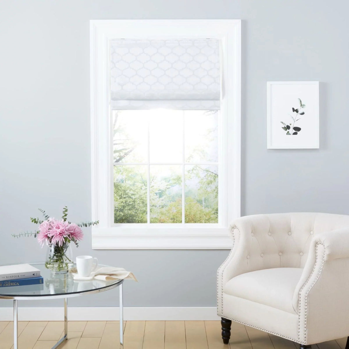 31"x64", Trellis White Total Exclusive Home Roman Blackout Montague Shade,