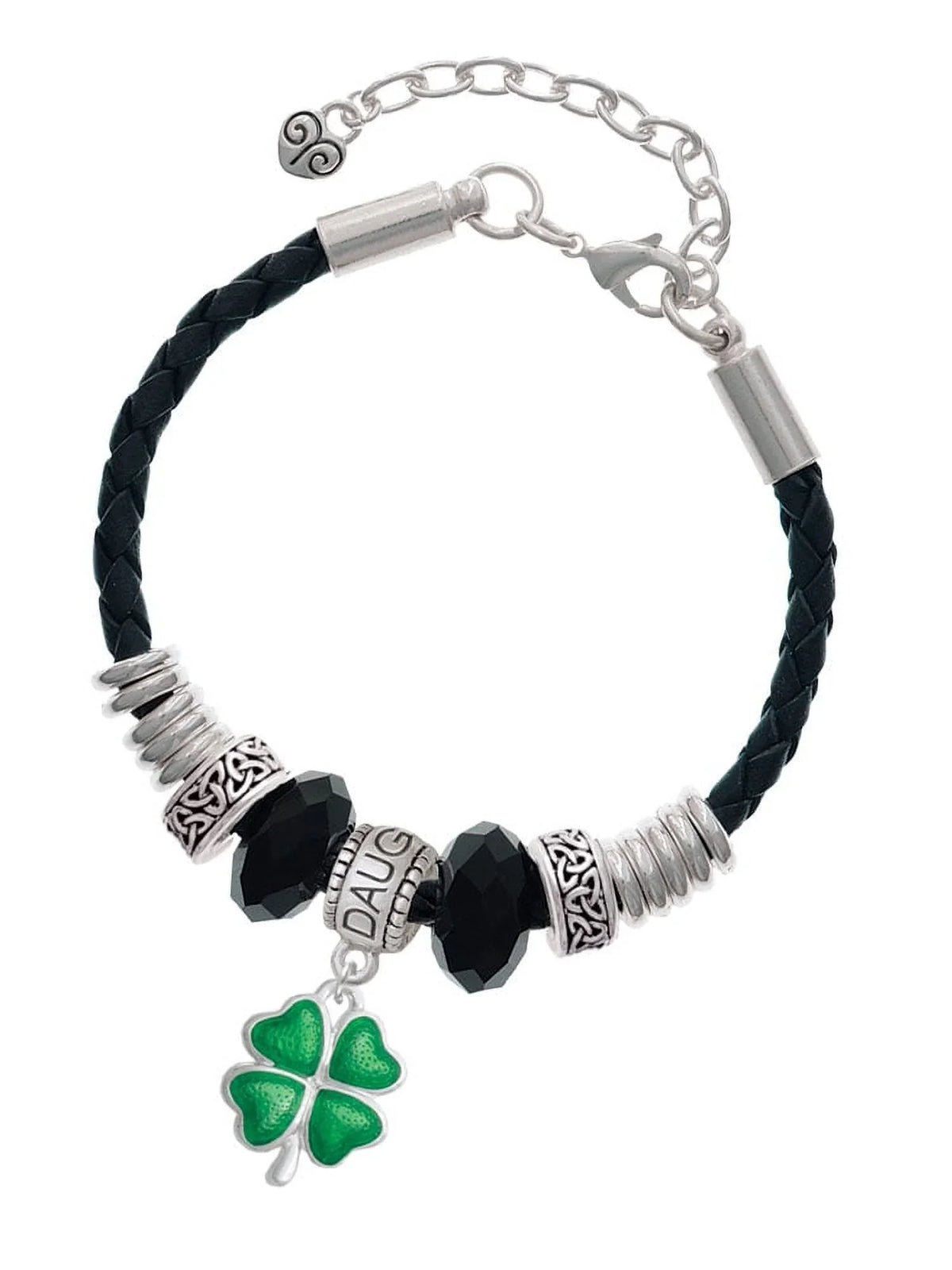 Daughter Translucent Four Delight Knot 7"+2" Green Celtic Lucky Leather Clover Leaf Bead Bracelet, Silvertone Extender Jewelry