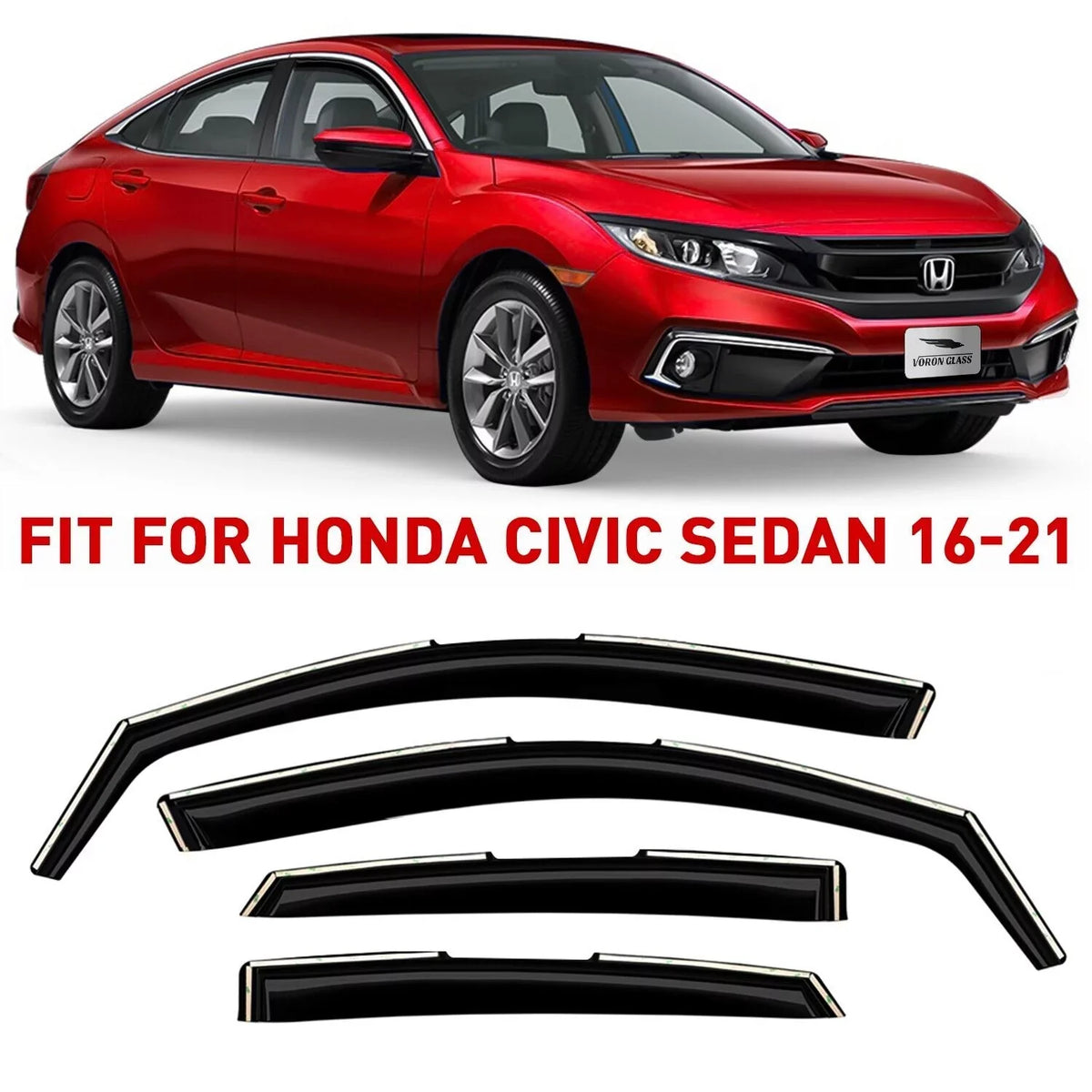 for Extra 2016-2021 in-Channel Sedan, Window 4 Glass Pieces Durable Window Guards Visors, Honda - Rain Voron Vent Deflectors, 200508 Civic