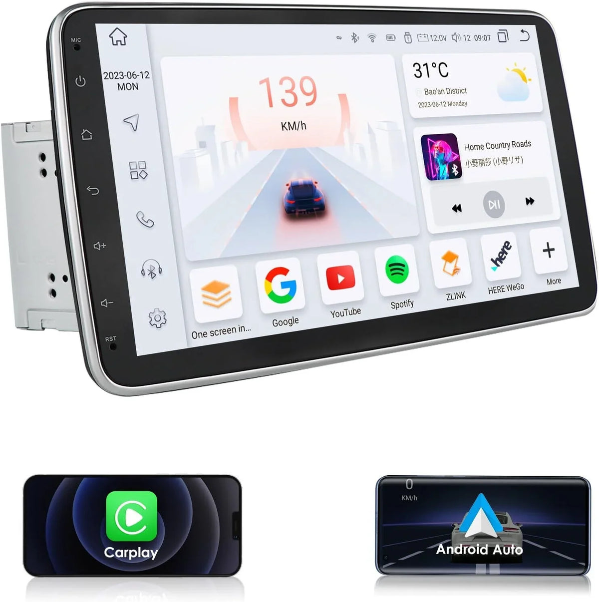 2DIN 12 Carplay 10.1" Android Double 4+32GB Car Radio Rotatable GPS Stereo