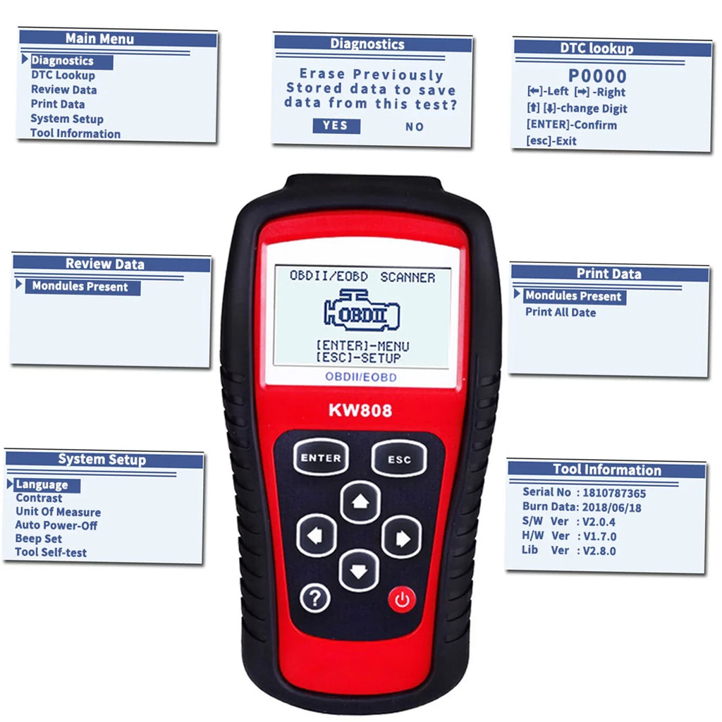 Friendly for User DIY Auto Scanner Decoder Detection / and Diagnostic OBDII Cars Code Reader Scanner Maintenance EOBD KW808 Automotive Car