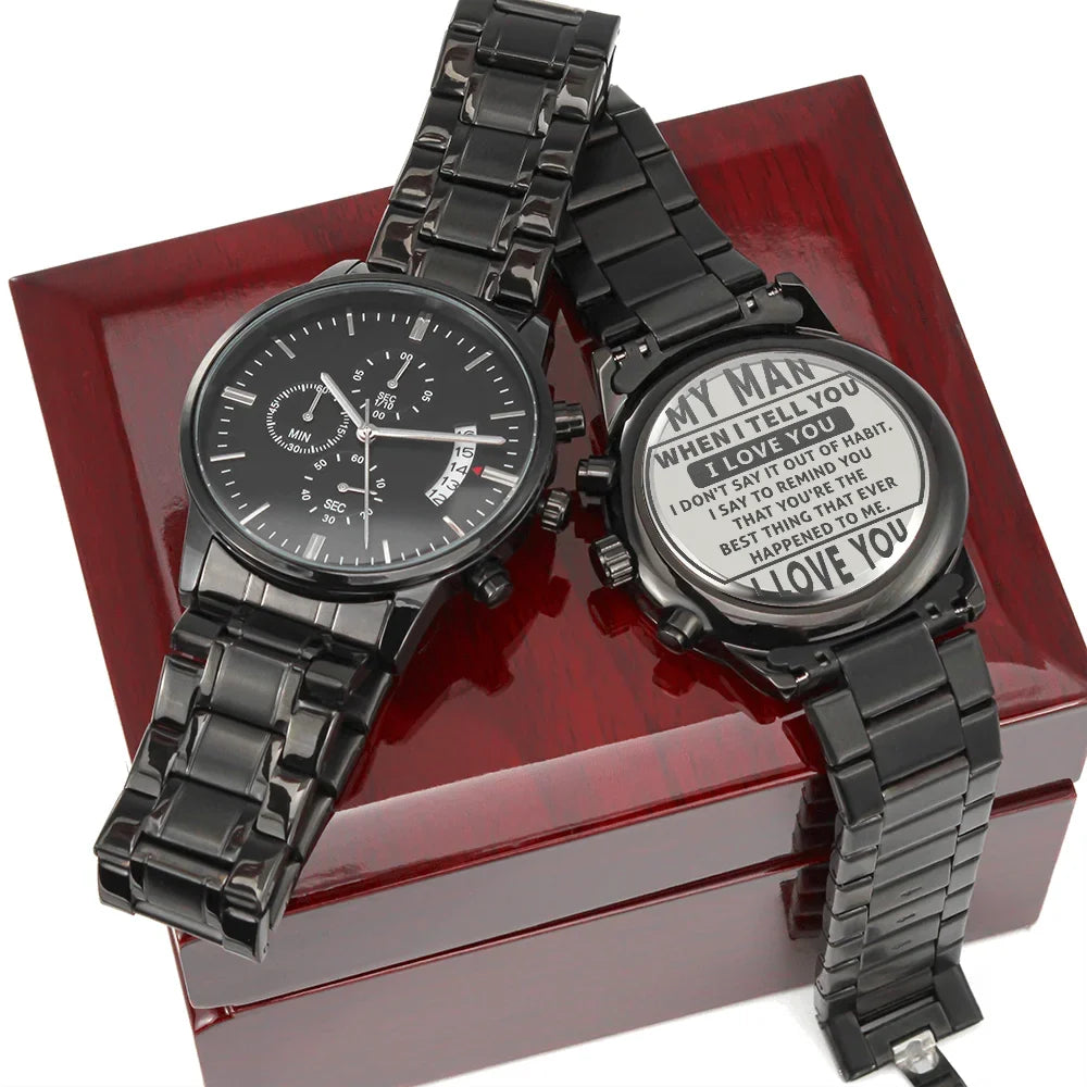 Husband My For Man Black Love or I Chronograph You Engraved Boyfriend Watch