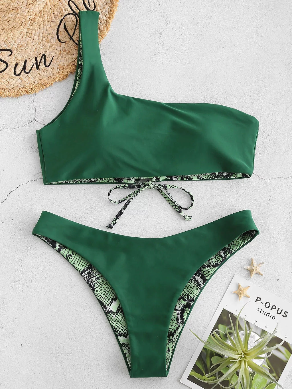 Leopard Bikini Swimsuit Women Green Print for Forest Reversible Shoulder Medium ZAFUL One Set Snakeskin M