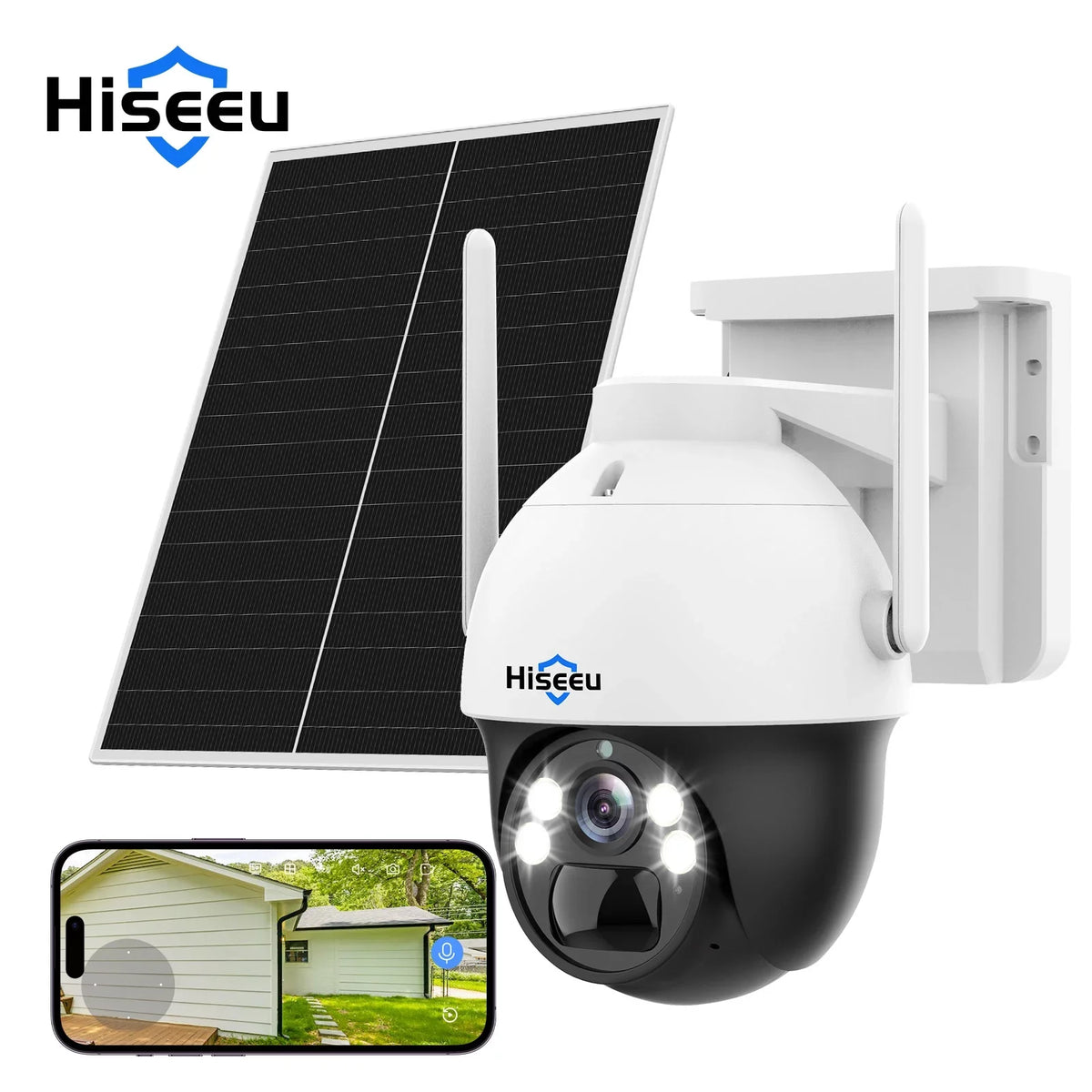 Solar Rechargeable Detection Card Battery Security Night View AI Vision,Spotlights,SD Slot,Smart Hiseeu Audio,Color Pan/Tilt,8X Wireless 2K/3MP zoom,2-Way Camera,360 digital