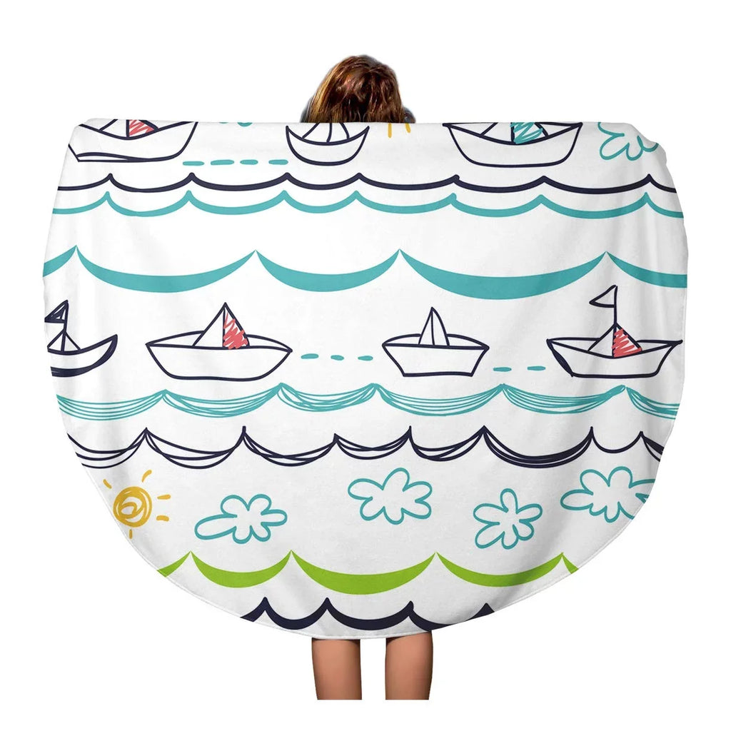 Beach Beach 60 Circular Child Towel inch Children Boats Travel LADDKA Cartoon Mat Circle Blue Throw Towels Tapestry Blanket White Round Pattern Abstract Baby