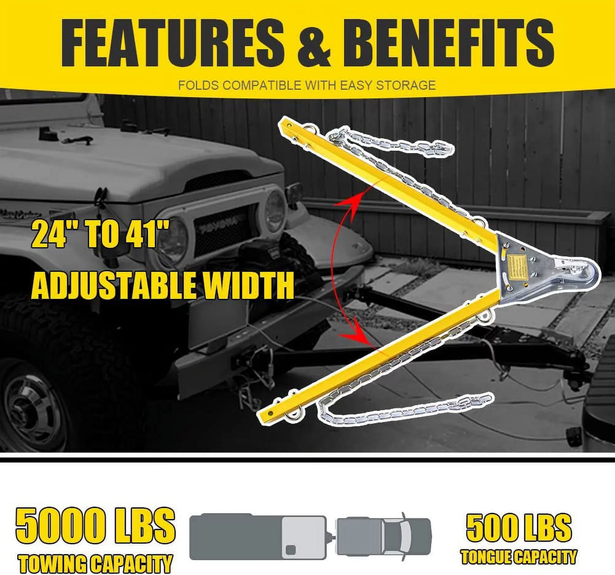 HPDAVV Kit w/Chains Car Yellow Jeep Bumper / with 5000lb Bar Adjustable Adjustable Mount Tow RV Compatible System Bar Truck Tow Towing