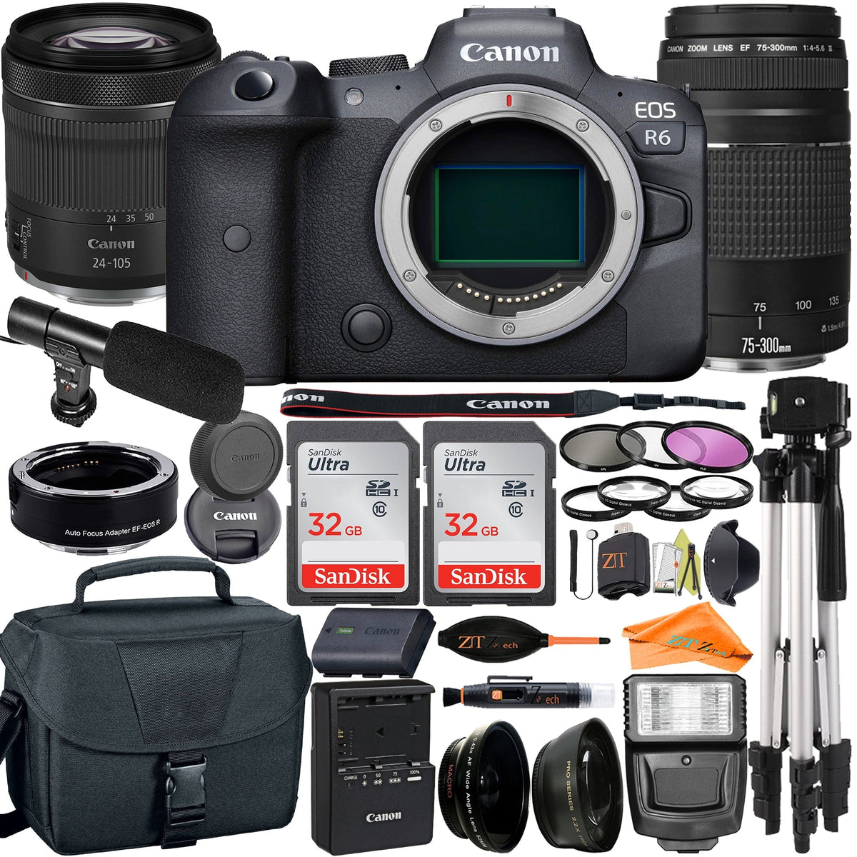 with Canon ZeeTech Accessory 75-300mm SanDisk Mirrorless Mount Pack Adapter 2 R6 24-105mm STM Lens Digital + Camera + 32GB + RF + EOS