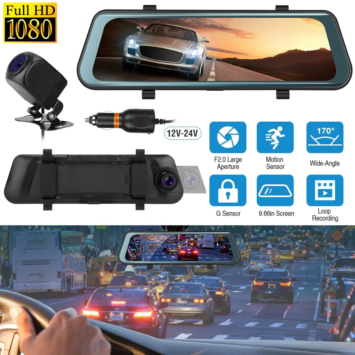 1080P Parking Driving DVR Seamless Camera FHD 9.66In Sensor Recording Monitoring iNova Recorder Dash Vehicle G with Car
