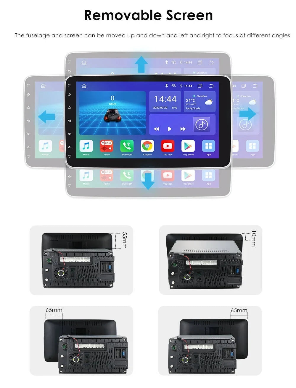 2DIN 12 Carplay 10.1" Android Double 4+32GB Car Radio Rotatable GPS Stereo