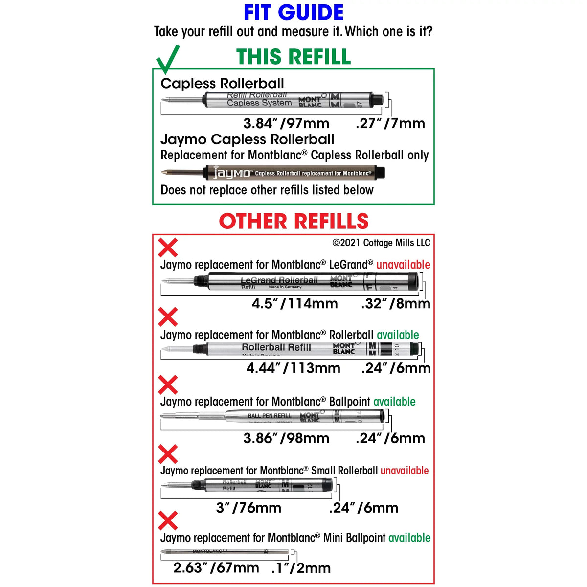 / Measures Pen mm Blue Refill Long in - 97 12 Rollerball 3.84 113778 - - Capless Replacement for Montblanc Jaymo