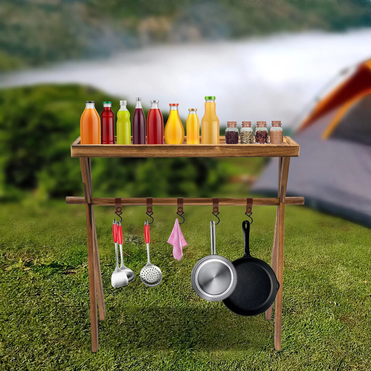 Miumaeov Portable Wooden for Shelf Picnic, Rack Table Grill Rack exterior Storage BBQ Picnic Camping,