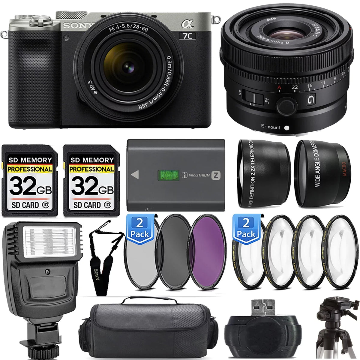 28-60mm with Camera a7C Lens+24mm G Lens Kit Mirrorless (Silver) f/2.8 +Flash-