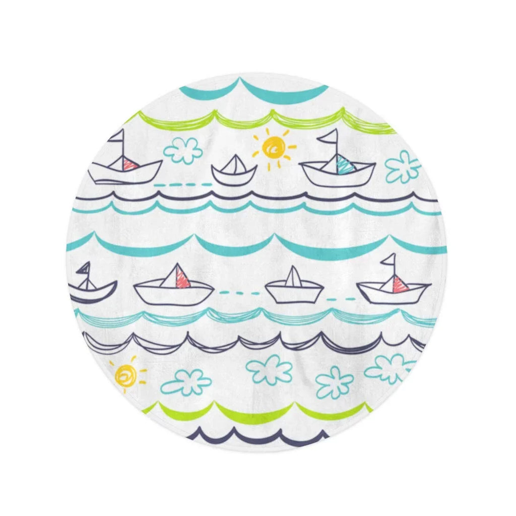 Beach Beach 60 Circular Child Towel inch Children Boats Travel LADDKA Cartoon Mat Circle Blue Throw Towels Tapestry Blanket White Round Pattern Abstract Baby