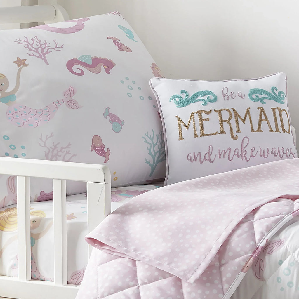 Reversible Floral Pillow 5 Quilt, Aqua, Pink, - Pilow Set Flat Case, Includes Taupe Sheet, Sheet, Piece - Mermaid - - Decorative Baby Set Bed Levtex Fitted Toddler