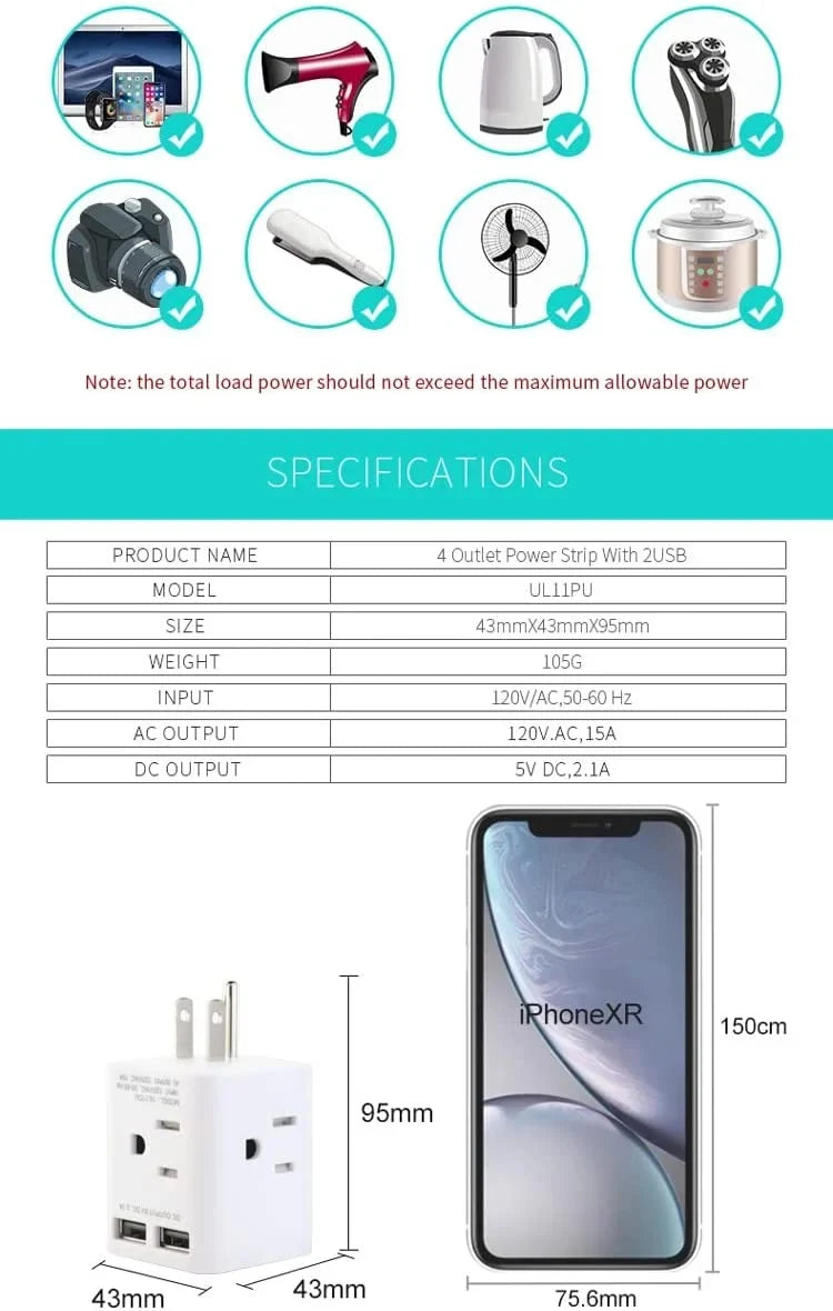 for Plug Home 2 Multi USA Prong Wonplug Angle 3 Charger Right 4 Cruise with Cube AC Wall Adapter Extender USB Outlet Plug Sockets, Ship Travel,White Splitter Adapter Wide Spaced Office and