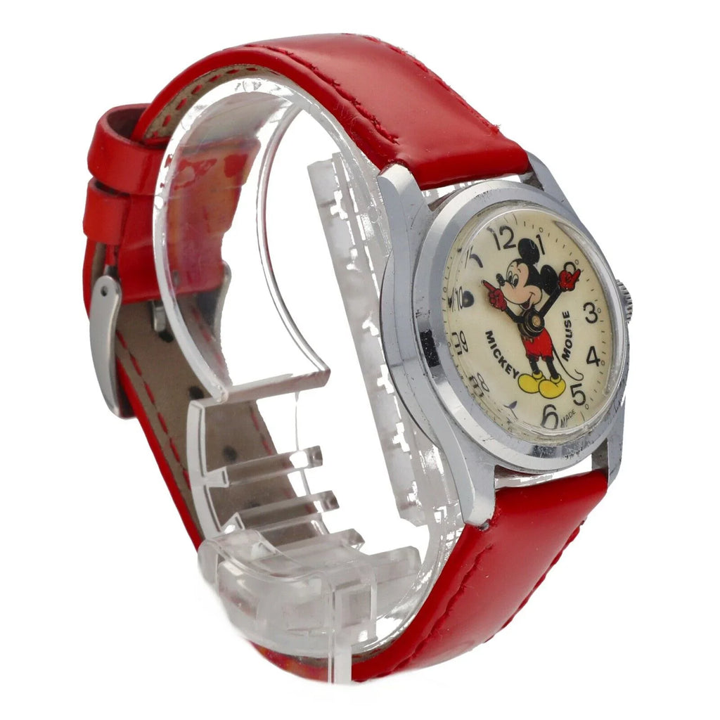 Manual 29mm Vintage Swiss Metal Base Wind Mickey Red Watch Women's Mouse Leather