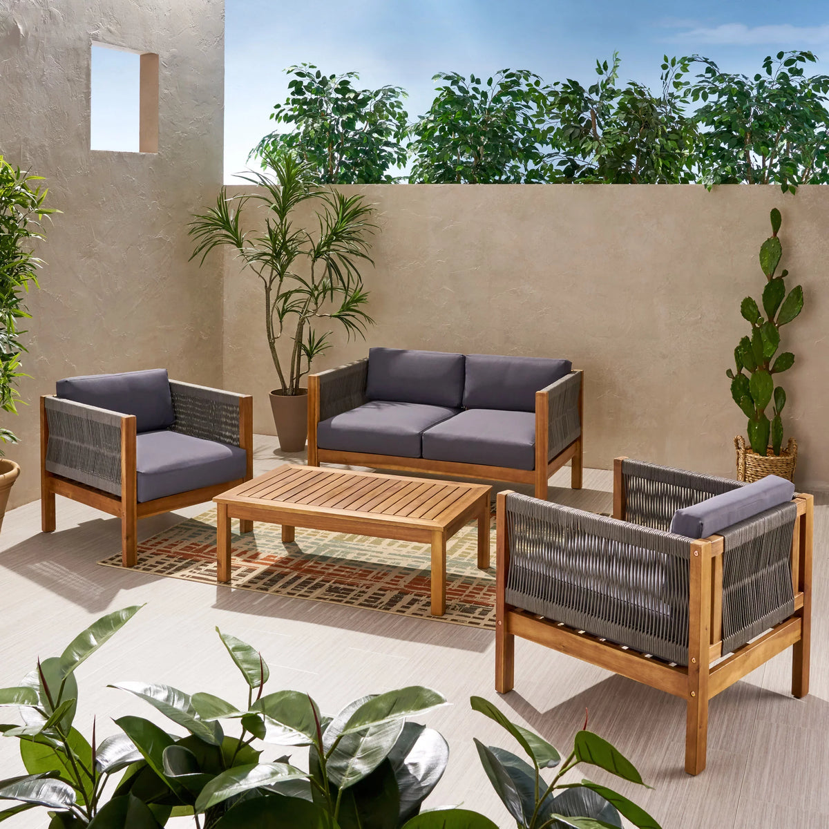 and with Acacia 4 Seater Gray exterior Cushions, and Wood Charlotte GDF Set Chat Teak Rope Studio
