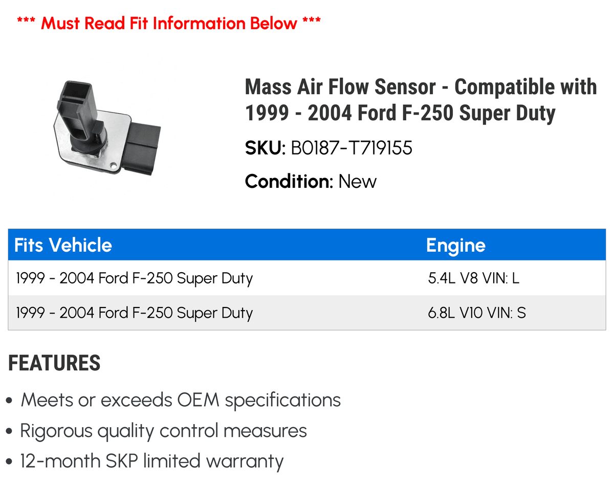 Compatible Duty 2003 - Air Sensor F-250 Mass 2002 2000 2004 Flow - 1999 2001 Super with