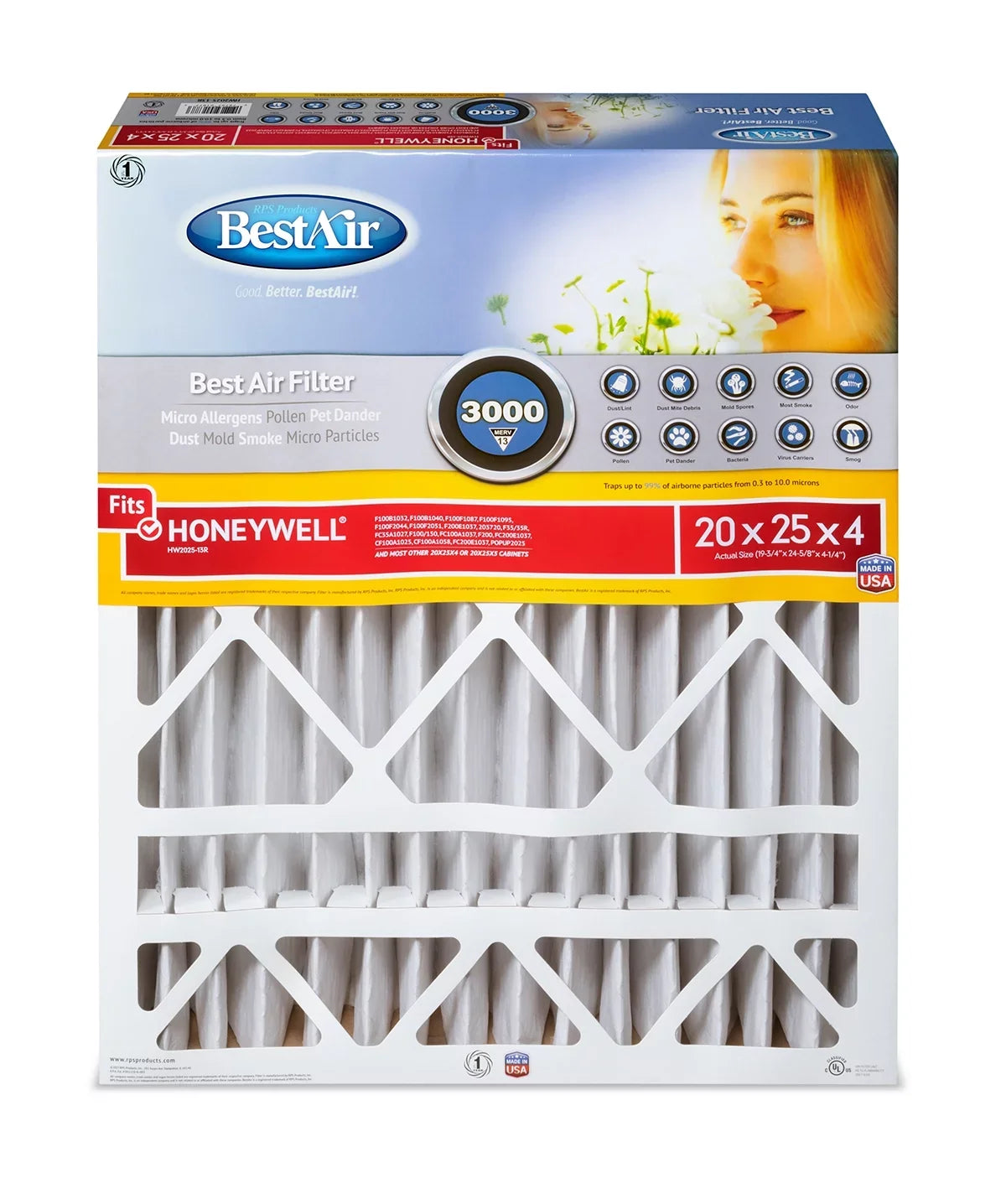 BestAir Series Furnace 13 20x25x4 Filter HW2025-13R 3000 MERV Honeywell