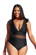 dimension Ruffle Bathing XXXXL Neck Cupshe Black One Suit, Plus Piece Women's Mesh V