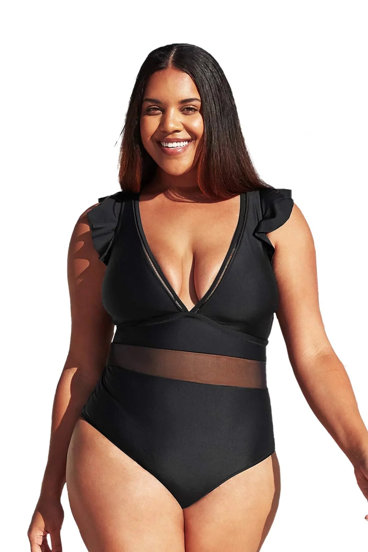 dimension Ruffle Bathing XXXXL Neck Cupshe Black One Suit, Plus Piece Women's Mesh V
