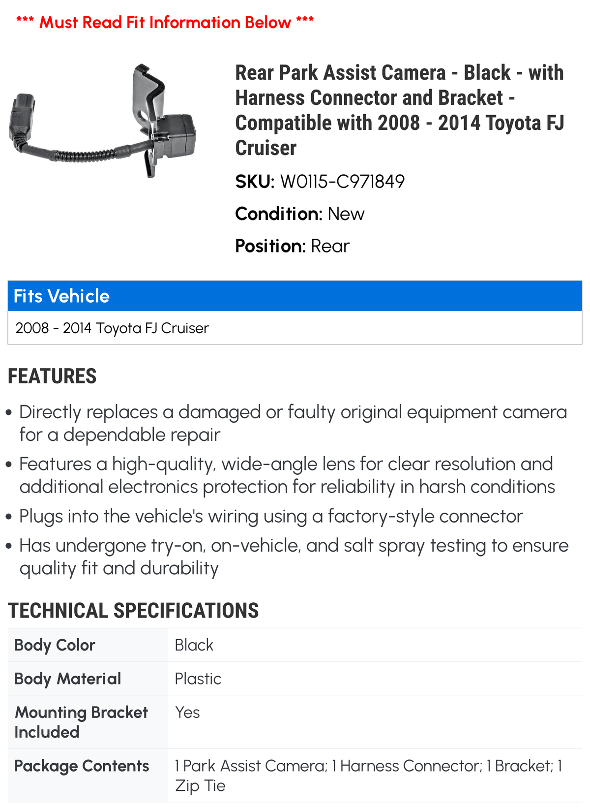 Camera 2014 Toyota 2011 - Assist Rear 2010 Park - - 2013 Cruiser Harness Black Compatible 2009 Connector and 2008 2012 with with FJ Bracket -