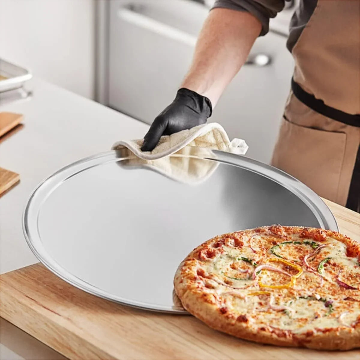 Round TrueCraftware- 19” Wide Baking Pan Tray Tray Tray Pizza & Baking Aluminum Pan Set of Pizza Pizzeria Tray Kitchen 3 Rim- Bakeware for Pizza Home Restaurants Round