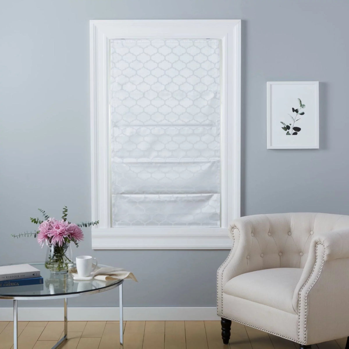 31"x64", Trellis White Total Exclusive Home Roman Blackout Montague Shade,