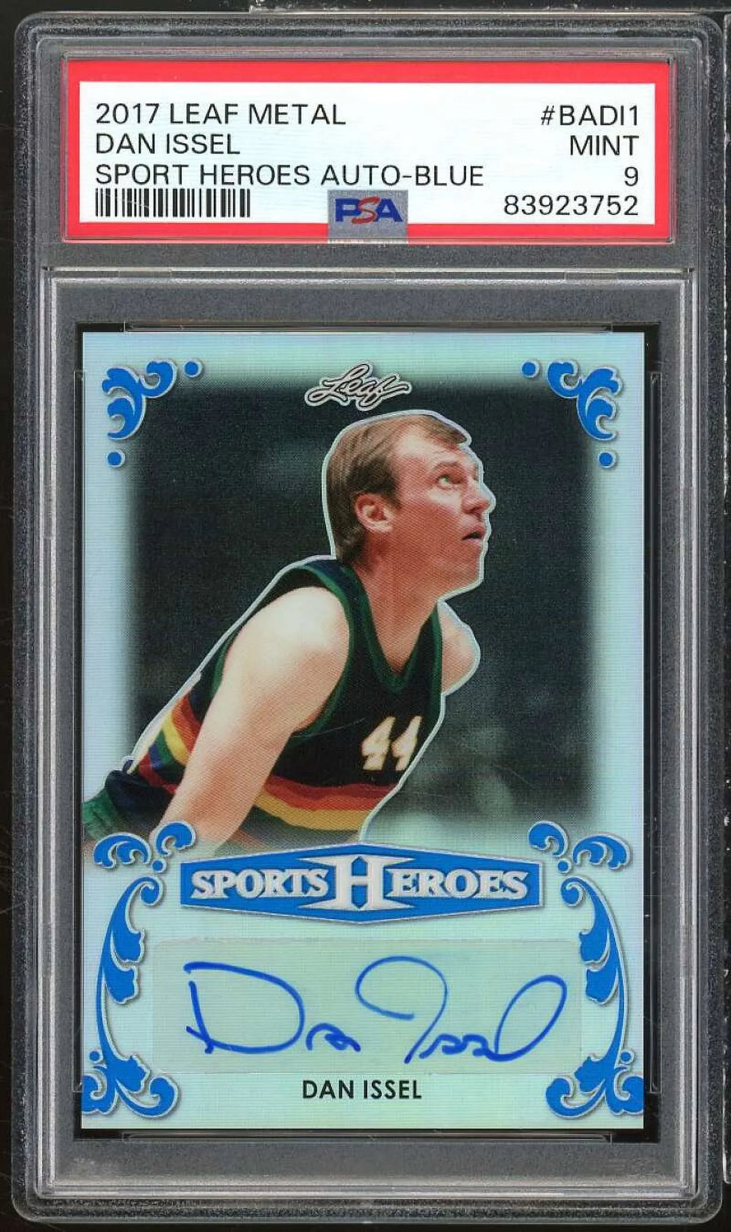 (#d Metal Leaf Card Sports Heroes 9 #BADL1 2017 5/7) Auto Issel Dan Blue PSA