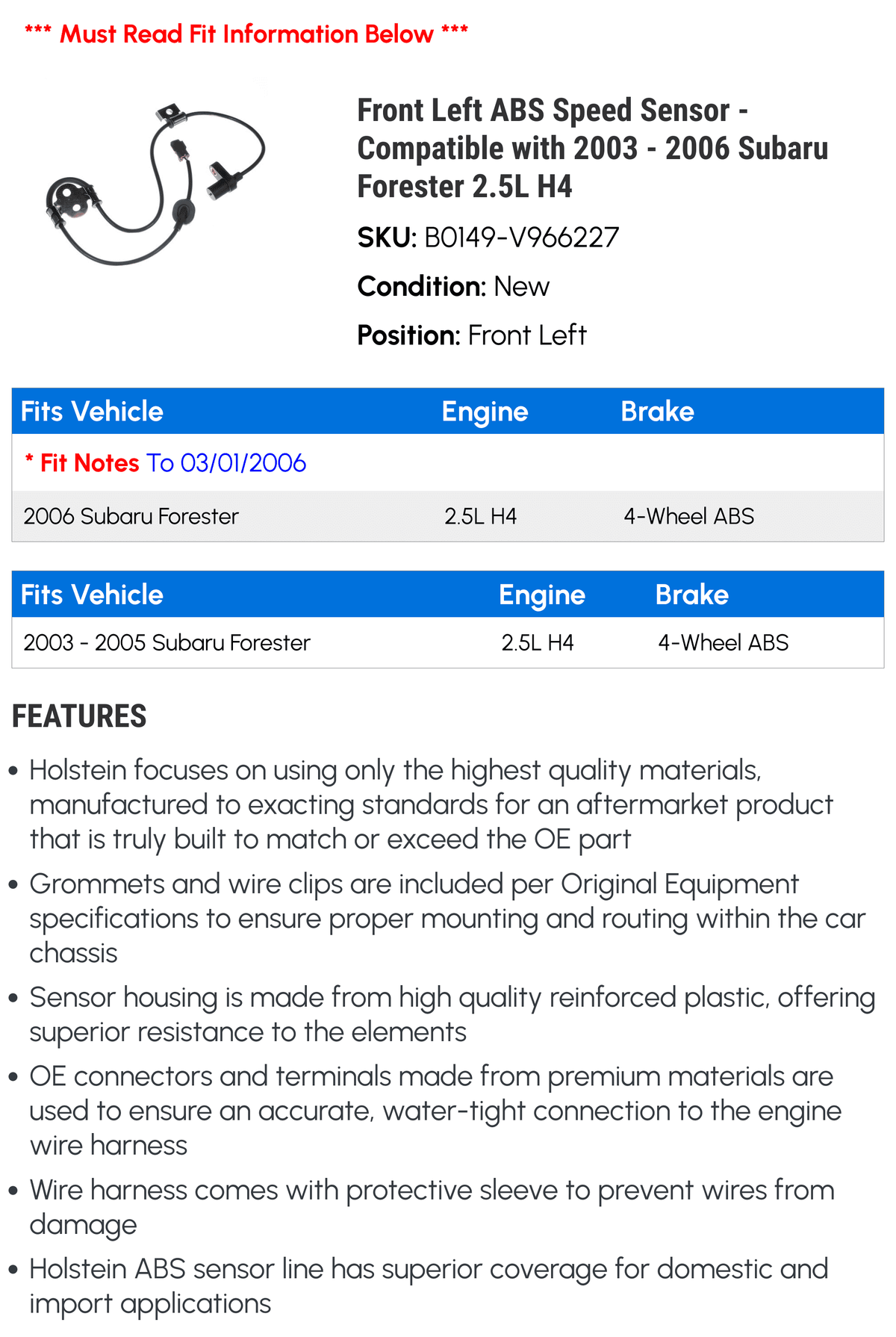 with Compatible 2005 Subaru ABS H4 2.5L 2004 Sensor - Speed 2003 Forester Left 2006 Front -