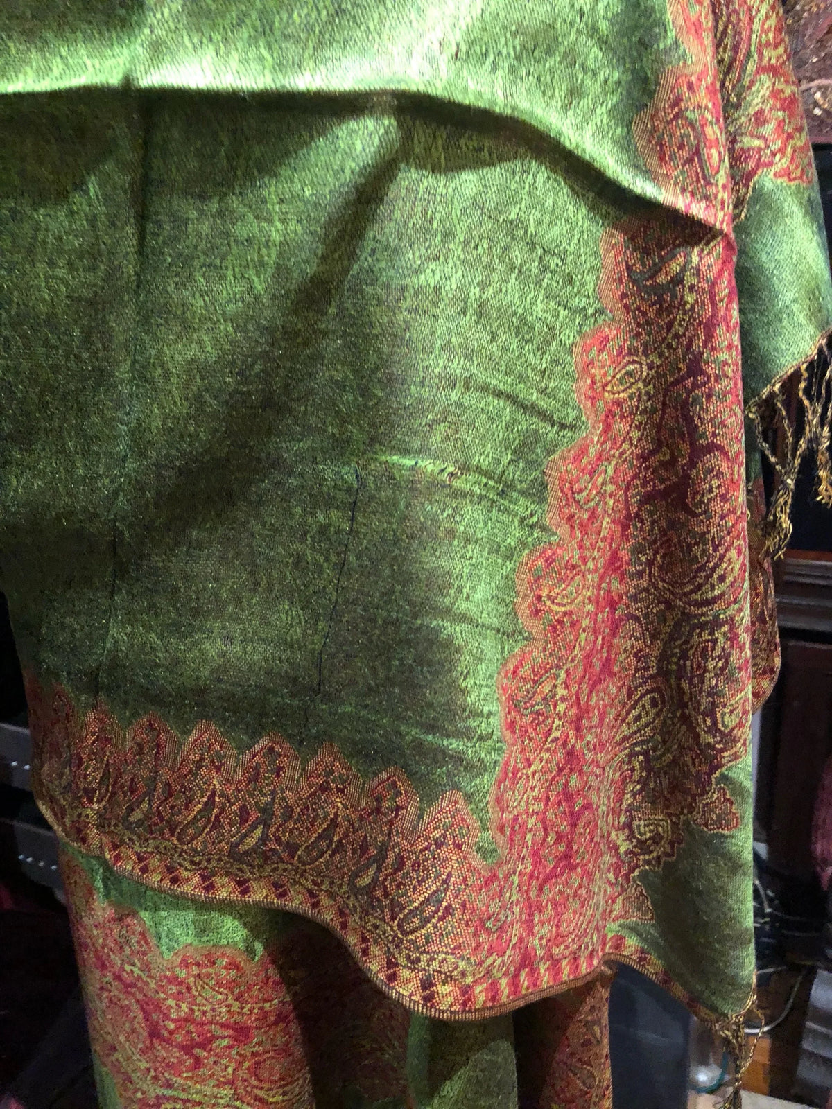 Pashmina Paisley Scarf Red Vintage Wrap Reversible Brocade Green