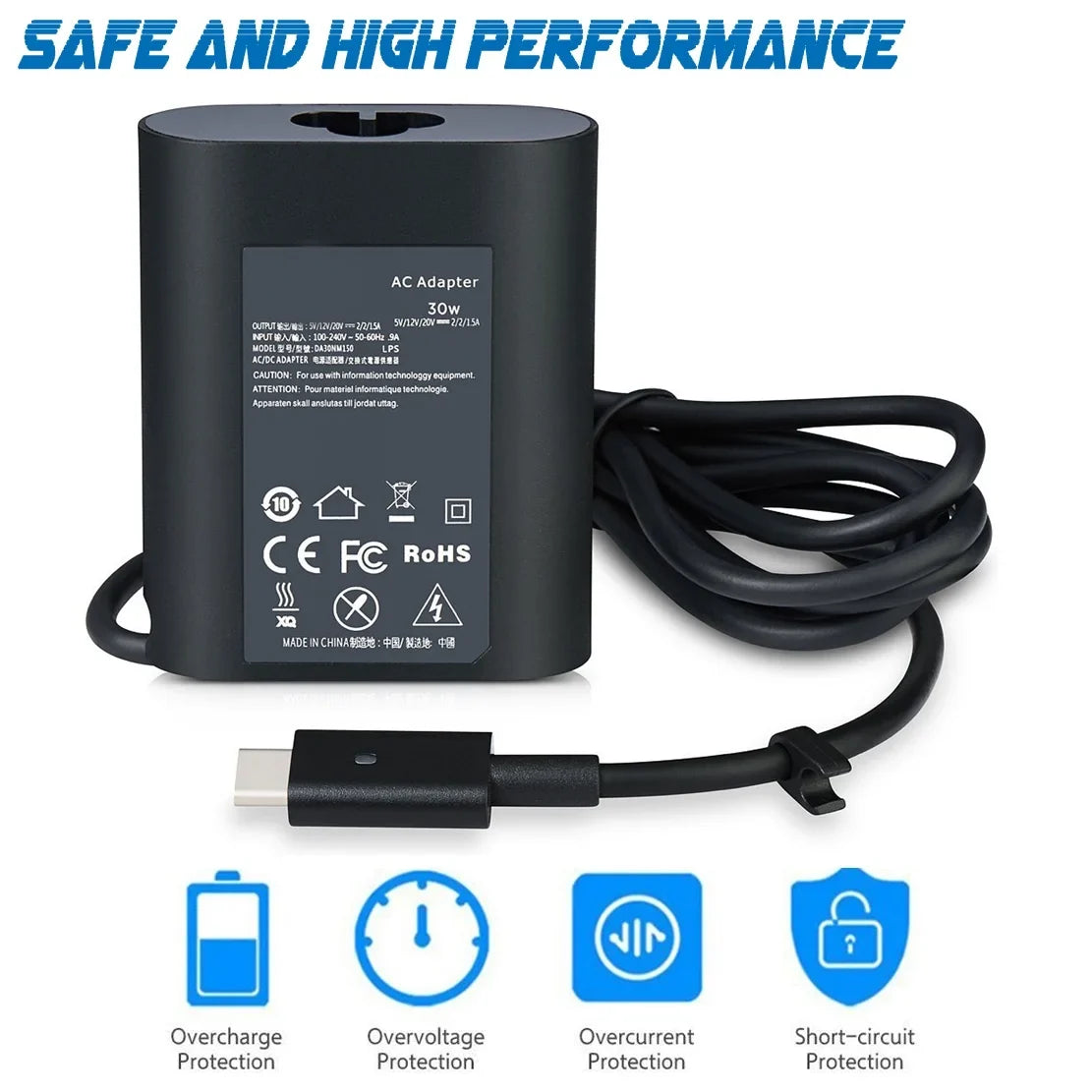USB ) 30W Latitude Charger 5175 Replacement XPS12 Type-C ( EBK XPS13 Connector 9250 9365 7350 Power 7275 5179 for AC Adapter