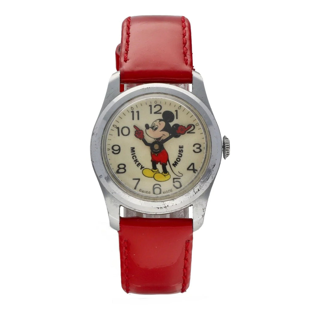 Manual 29mm Vintage Swiss Metal Base Wind Mickey Red Watch Women's Mouse Leather