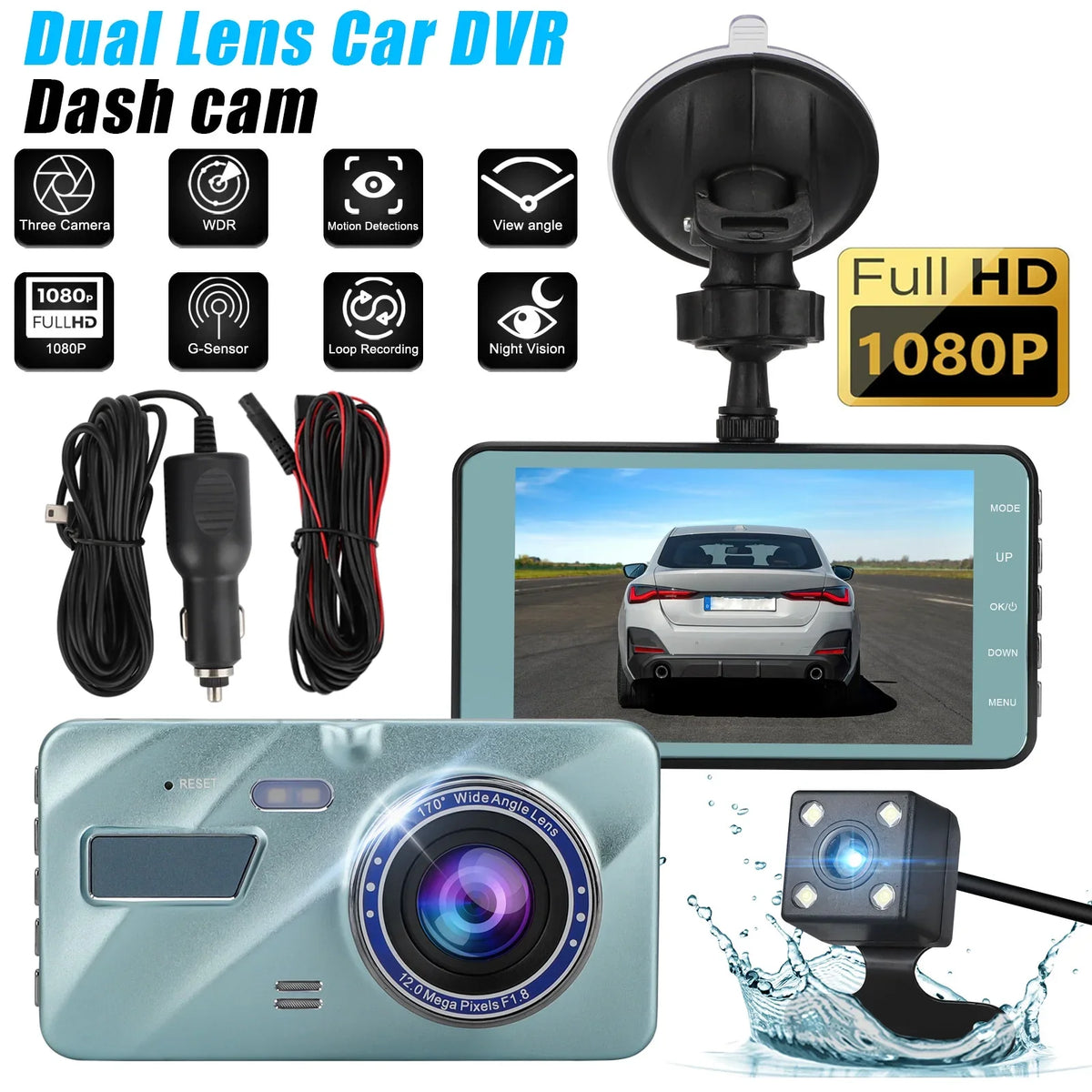 170° FHD Front Cam Camera - Screen LCD Blue) Wide Driving Touch Angle, Dash Rear Inch DVR 4 Recorder and 1080P (Sky Car G-Sensor,
