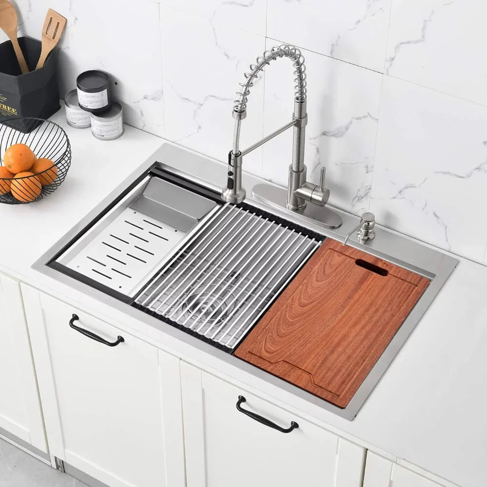 Bowl Drop-In 30'' Steel Single Holes Kitchen Sink with Stainless PROOX Faucet 2