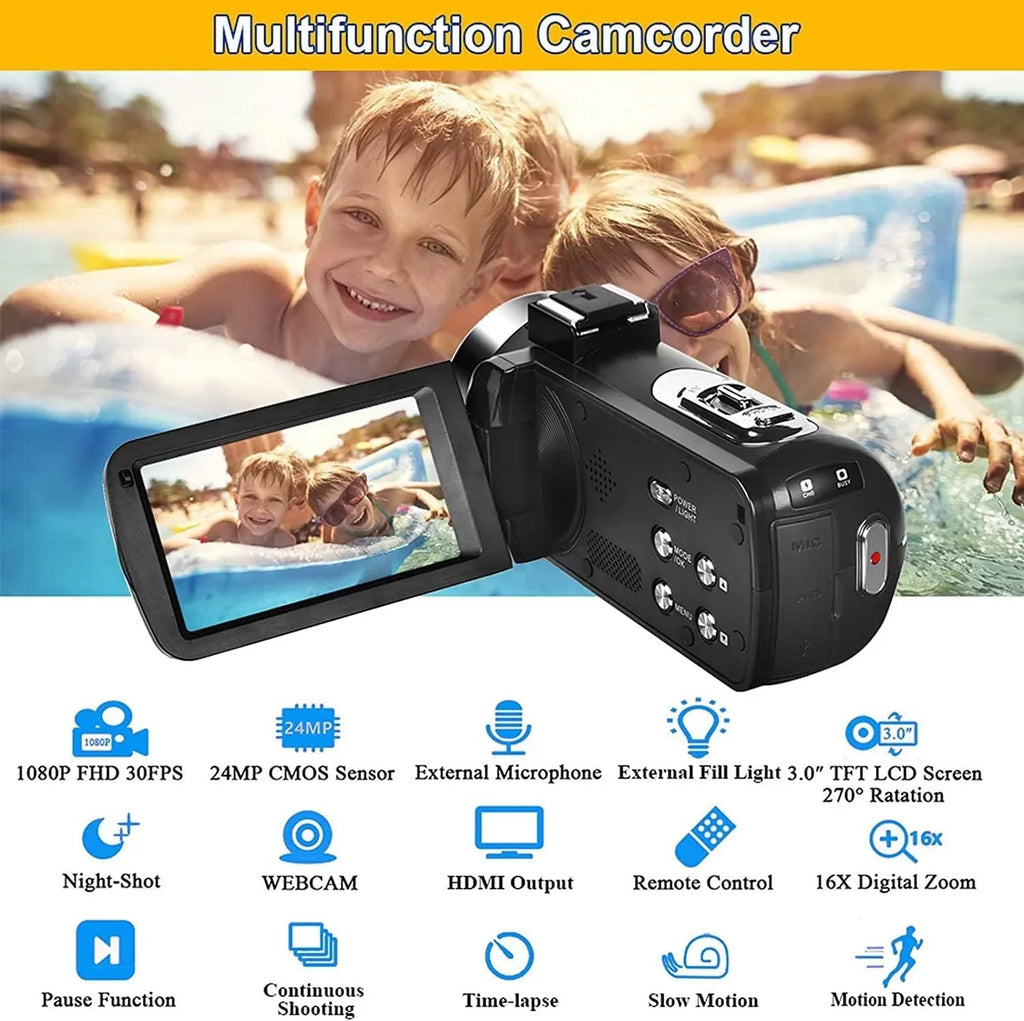 MP Vision IPS Camera Camera Camcorders Zoom Inch Remote Recorder Camera Camcorder 24.0 Vlogging Control Night Batteries 1080P Video 2 IR HD with Full 30FPS 16X 3.0 Screen