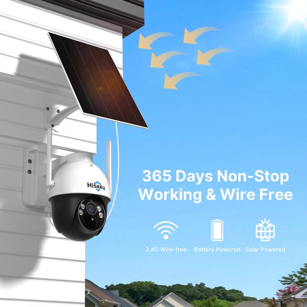 Solar Rechargeable Detection Card Battery Security Night View AI Vision,Spotlights,SD Slot,Smart Hiseeu Audio,Color Pan/Tilt,8X Wireless 2K/3MP zoom,2-Way Camera,360 digital