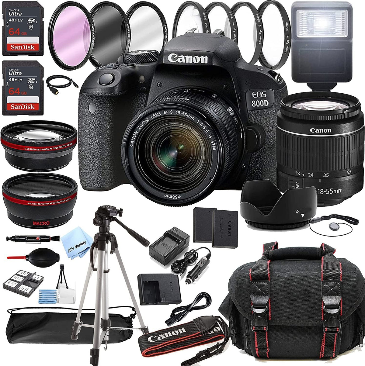 Bundle w/EF-S is Rebel F/4-5.6 Zoom Case T7i Tripod + Filters 800D 128GB Canon DSLR 36pc Lens STM Camera EOS Memory 18-55mm + + +